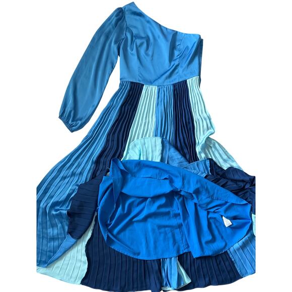 Adelyn Rae Cher One Shoulder Pleated Colorblock Midi Dress Lapis Blue Size Small - Picture 7 of 11